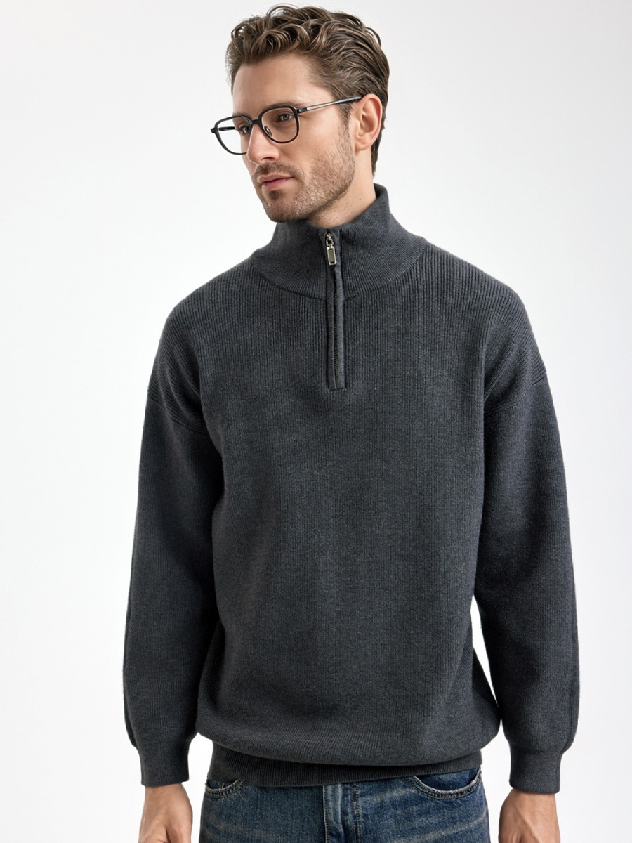 Suéter de hombre transfronterizo otoño y invierno nuevo estilo americano perezoso viento medio cremallera suelta plummet de color sólido suéter de hombre