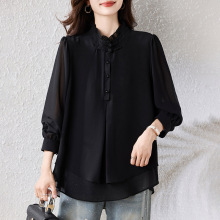 实拍新款立领大码黑色拼接恤长袖中长款时尚春秋雪纺衫