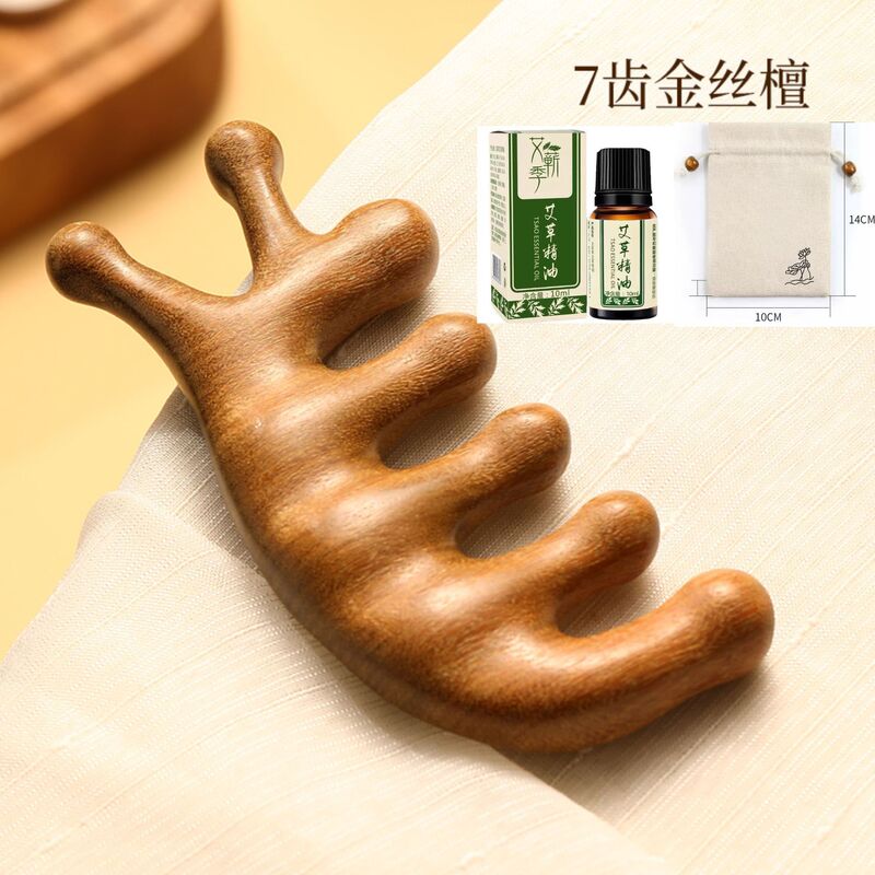 天然緑白檀マッサージコーム、経絡コーム、頭皮治療用5本歯丸頭マッサージコーム、7本歯経絡浚渫コーム|undefined
