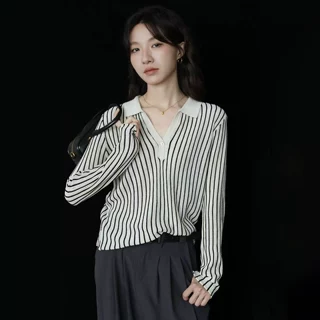 设计感V领坑条秋季休闲针织衫女百搭长袖polo衫正肩翻领打底上衣