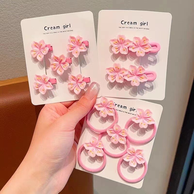 New Cherry Blossom Clip Children's Hairpin Rubber Tendon Wave Edge Clip Little Girl's Peach Blossom Hair Ring Hair Rope Hair Headwear