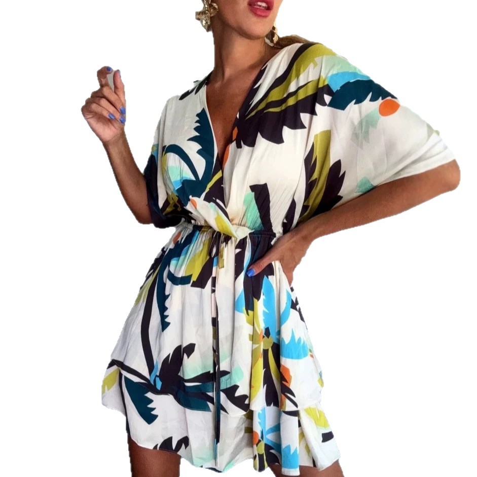 Abstract Print V-Neck Midi Dress With Tie Waist, Flowy Short Sleeve Summer Dress For Vacation & Casual Outings_ecoleips.com