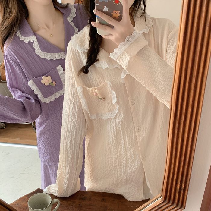 Al por mayor transfronterizo de otoño nuevo pijama mujer bordado a mano camiseta cardigan cuadrado de mangas largas de encaje ropa para el hogar
