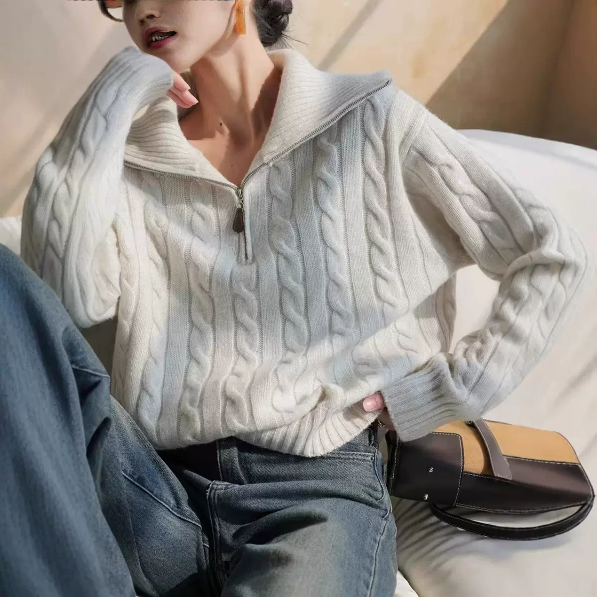 麻花翻领毛衣女秋冬加厚小众设计高级感针织羊毛衫半拉链上衣