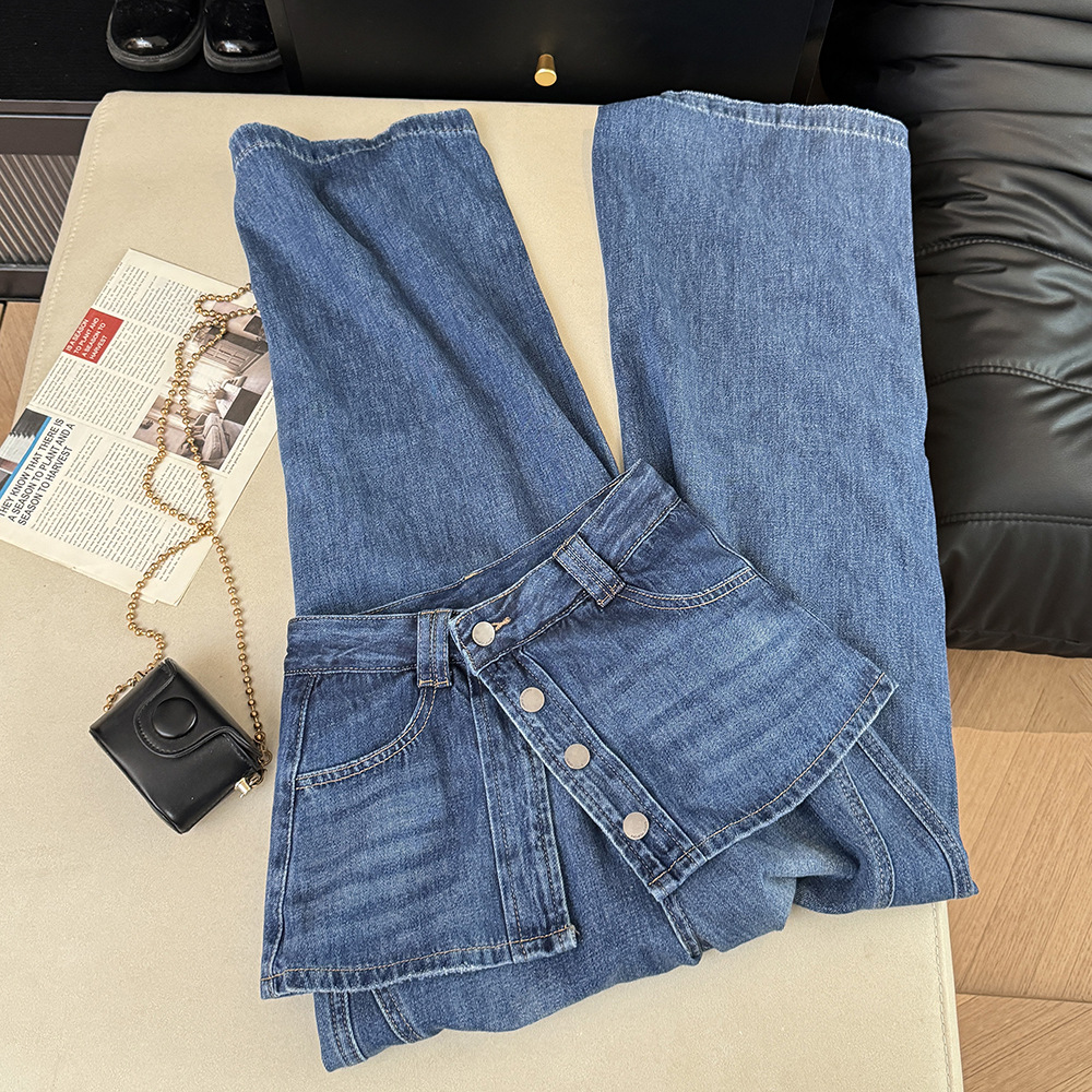 High-Waisted Faux Two-Piece Slimming Wide Leg Denim Culottes Casual Straight Leg Loose Fitting Summer Trendy Women's Jeans_ecoleips.com