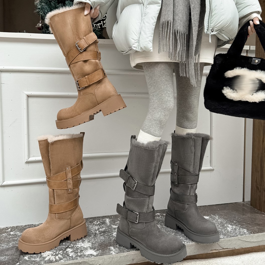 Boot tuyết nữ cổ cao lót lông cừu ấm áp đế dày khóa thắt lưng — màu kê