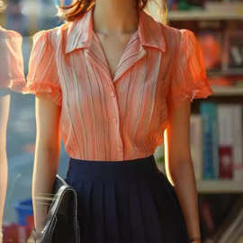 夏日多巴胺橙色条纹短袖衬衫夏季2024新款法式设计绝美花边袖上衣