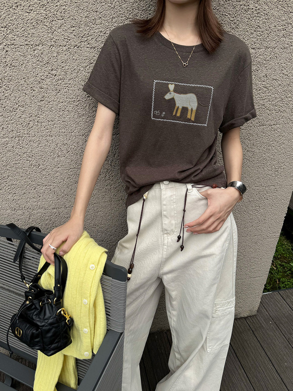 黎诺早秋新款韩系卡通小马翻边短袖T恤女2025减龄显瘦刺绣上衣ins|undefined