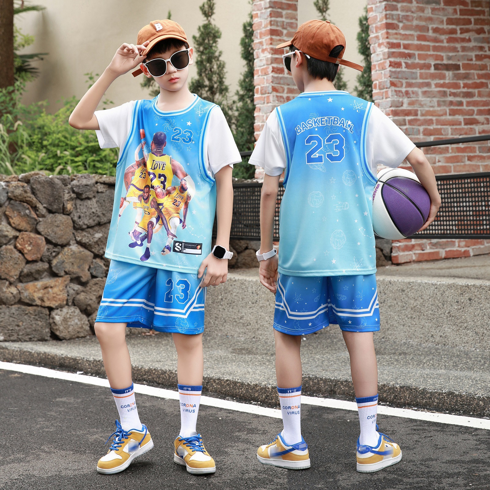 Children's Basketball Uniform Suit Short-Sleeved Fake Two-Piece Quick-Drying Jersey No. 23 Jersey for Boys and Girls Primary and Secondary School Game Training Uniforms