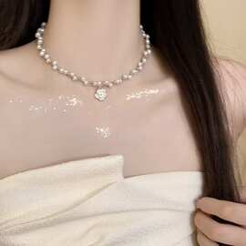 法式高级感山茶花 珍珠项链女新款小众设计感轻奢项链时尚 锁骨链