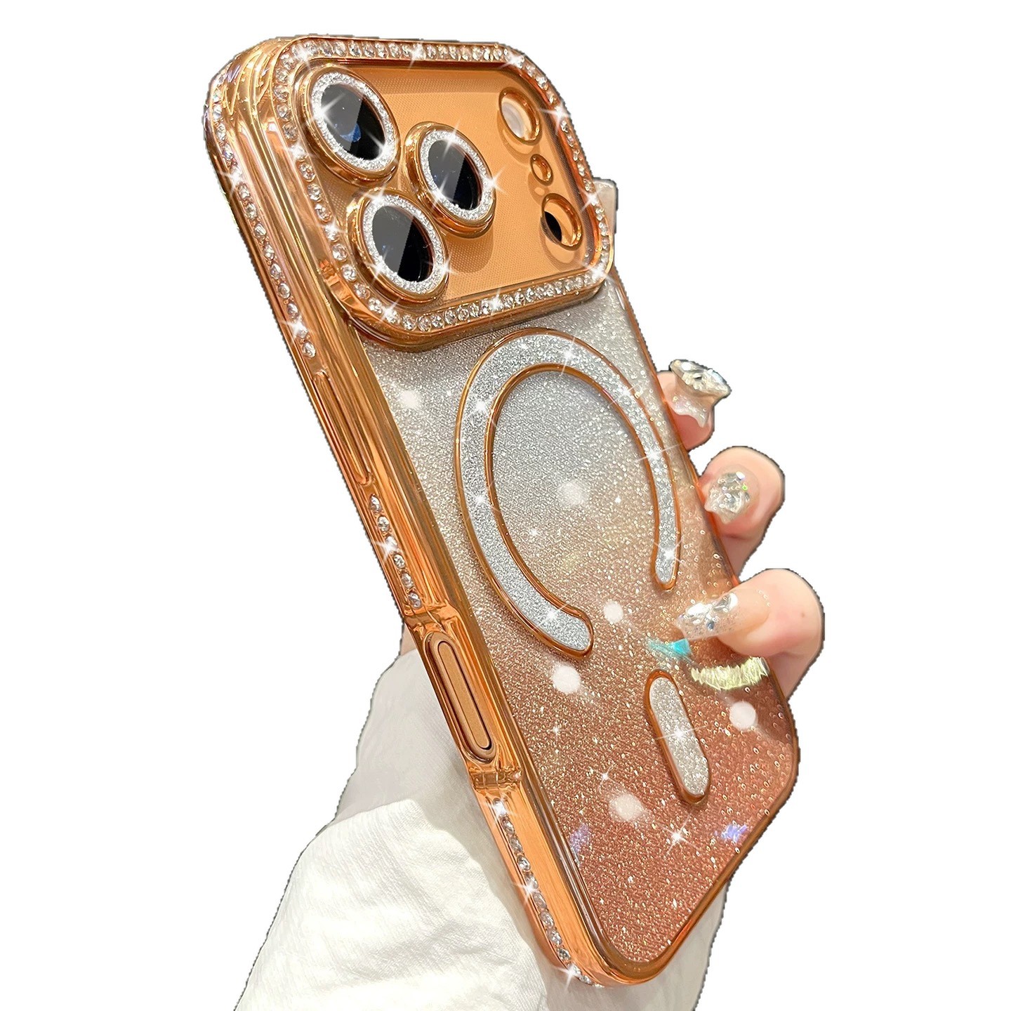 Lujo ligero diamante borde polvo flash absorción magnética para iPhone17PROMAX caso de teléfono móvil de alto nivel sensación de manzana 16 caso
