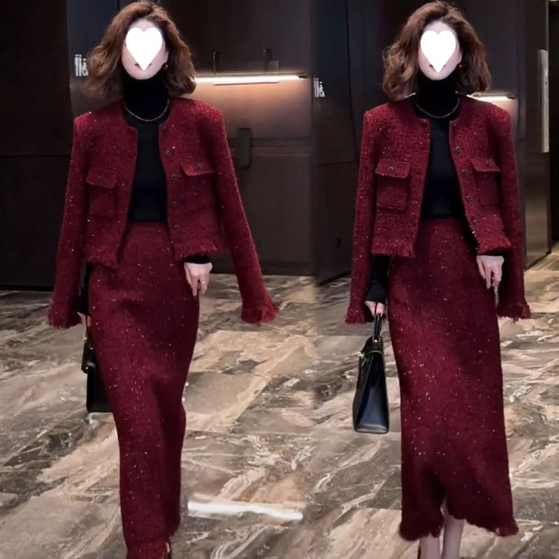 싱글 | 세트 가을과 겨울 새로운 소스 과일 붉은 향기로운 프랑스 스타일 할로윈 세트 슬리밍 세련된 우아한 투피스 세트