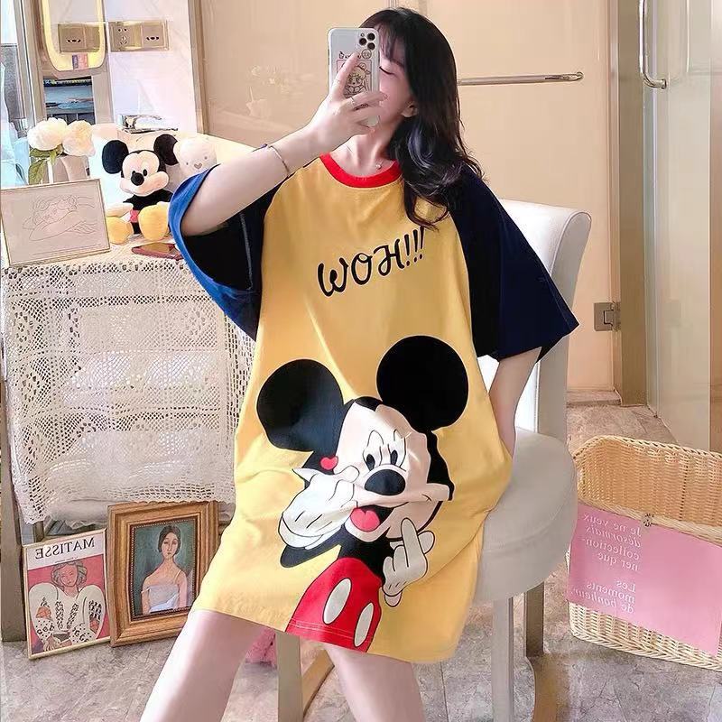 Mickey camisón pijamas de mujer suelta de manga corta de dibujos animados más tamaño vestido MIDI primavera y verano se puede usar fuera de la casa desgaste chica