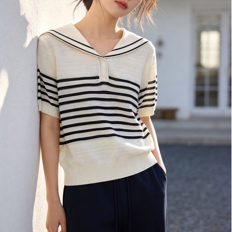 Korean-Style Lyocell Tencel Summer New Navy Collar Striped Color-Block Knit T-Shirt Short-Sleeve Casual Women's Clothing Korean-Style Lyocell Tencel Summer New Navy Collar Striped Color-Block Knit T-Shirt Short-Sleeve Casual Women's Clothing