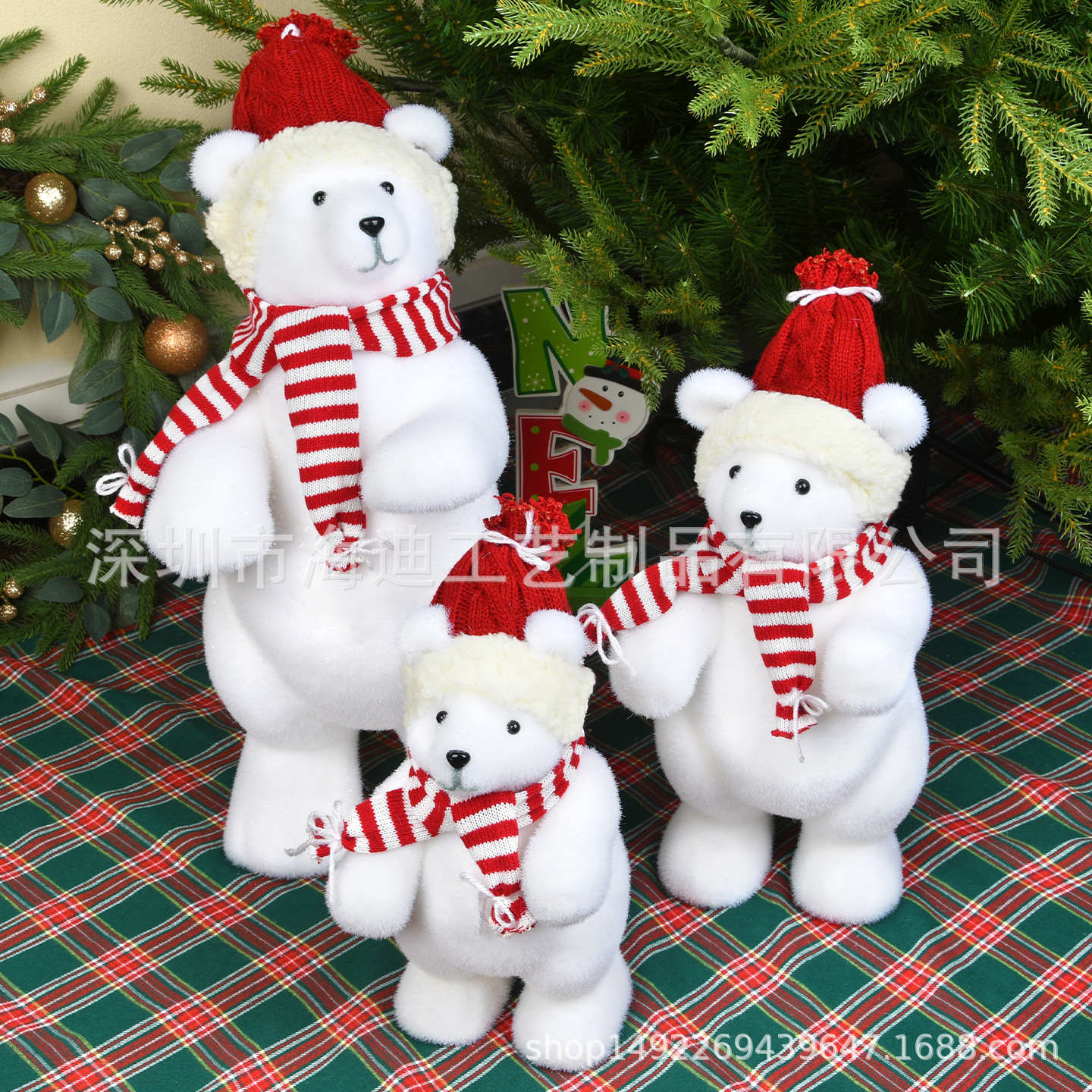 Decoraciones navideñas grandes y medianas pequeñas rojas y blancas flocado osos adornos de ventanas de exposición decoración osos adornos de bebé
