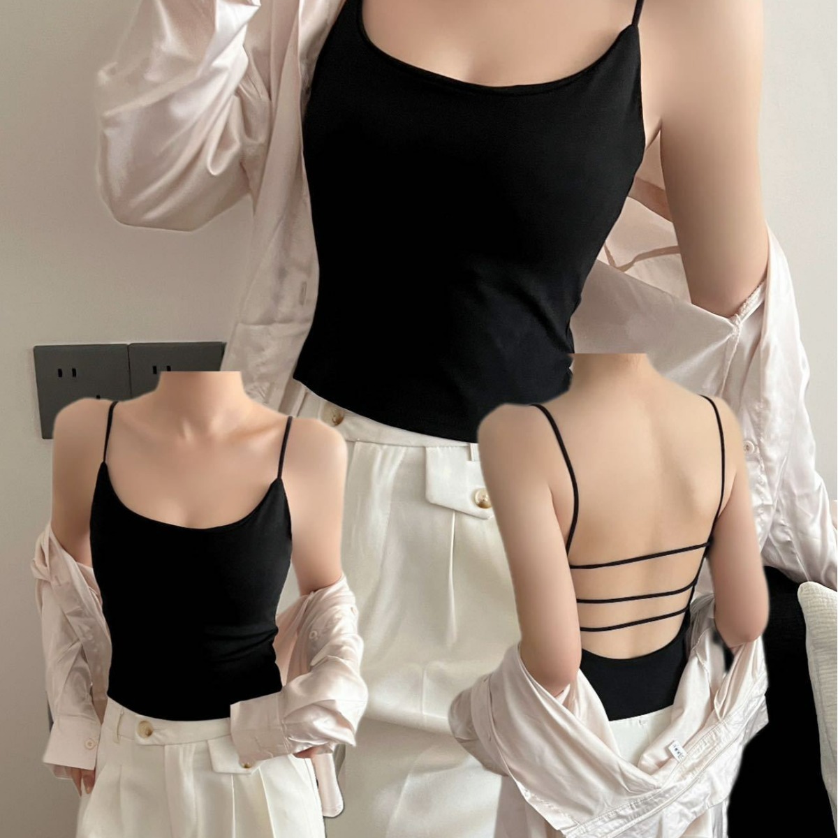 2024 New Mid-Length Ice Silk Beautiful Back Hot Girl Suspender Fixed Cup Versatile Vest Women's Bottoming Top Summer