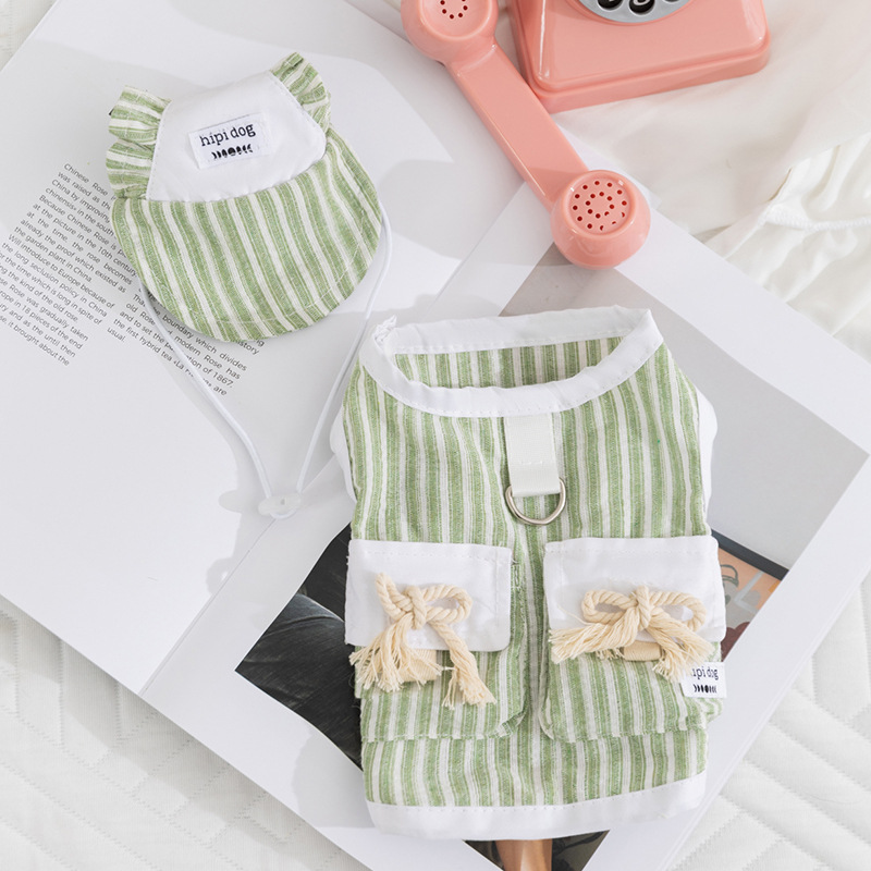 Primavera y verano simple rayas trenzadas arco chaleco sombrero conjunto de perros pequeños y medianos gatos Teddy ropa de mascotas