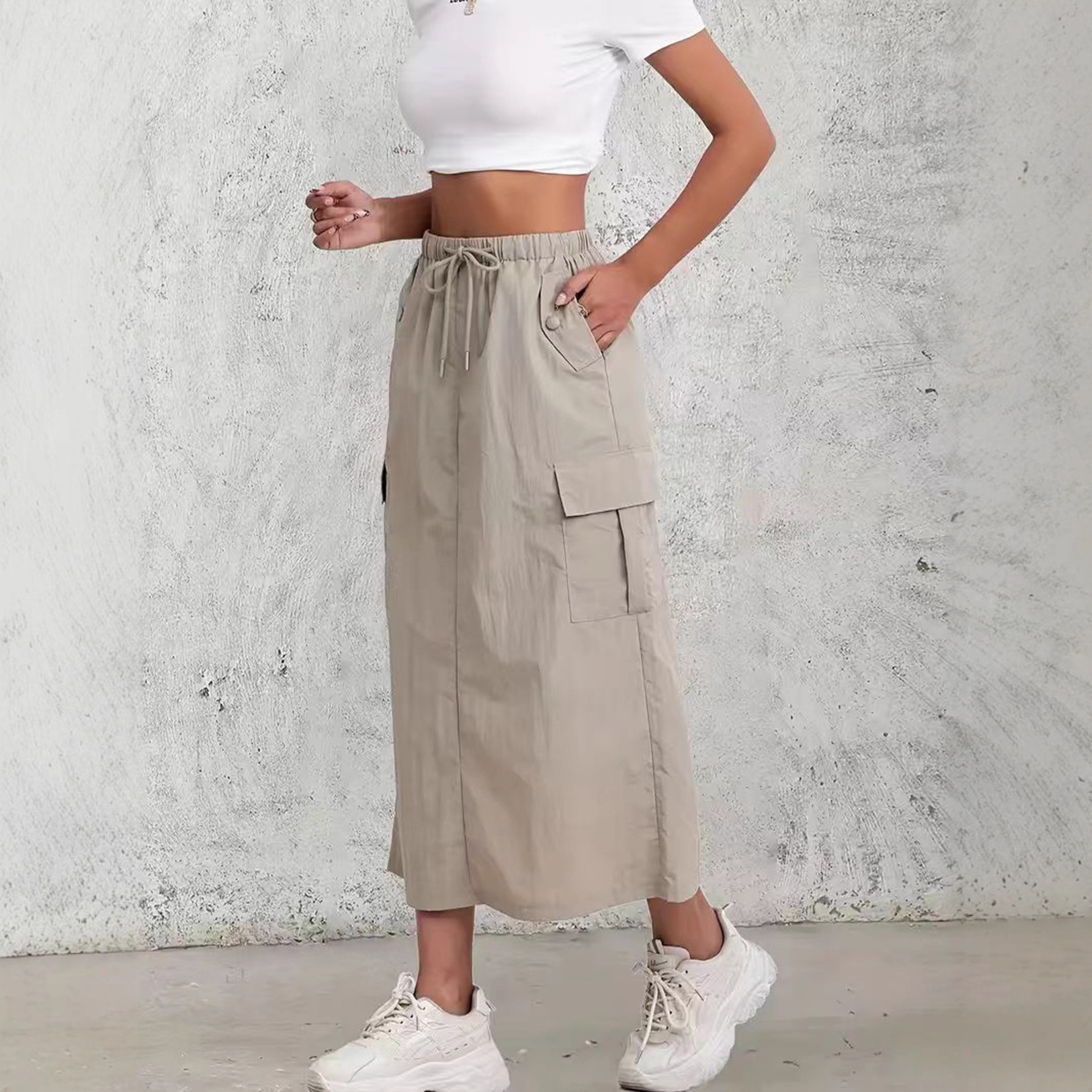 美式复古工装裙女春秋2025新款松紧高腰a字显瘦中长款开叉半身裙