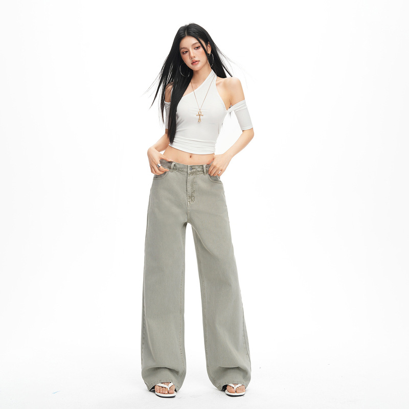 Childish Orange # Low-Saturation Active Dyeing Washed Wide-Leg Jeans for Women, Loose Fit, Slimming, Covering the Body, Versatile Straight-Leg Pants, Trendy.