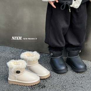 2024 New Winter Kidsren's Genuine Leather Snow Boots, Simple and Versatile Large Cotton Boots, Real Fur Boots, Warm Boots for Boys and Girls