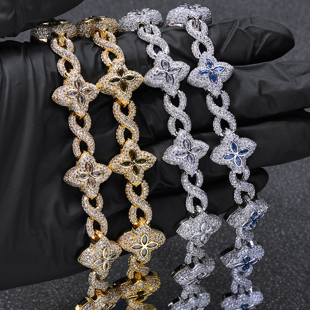 8mm Four Leaf Clover Bracelet For Men Iced CZ Out Real 18K Gold