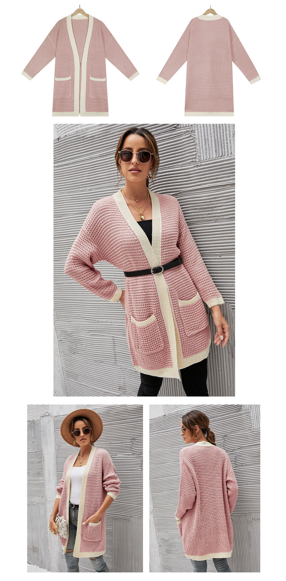 loose color matching long-sleeved knitted cardigan NSWJY137590