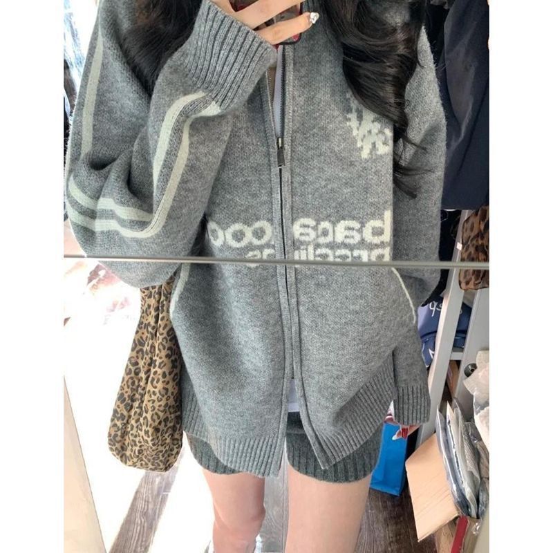 美式复古上衣秋冬新款外套针织拉链棒球服慵懒宽松毛衣开衫百搭|undefined
