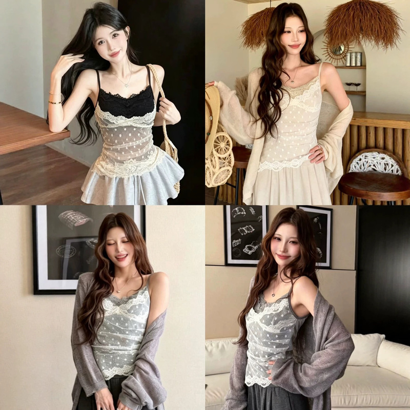 33079 # Resort-Style Design, Fake Two-Piece Mesh Vest for Women, Summer Polka Dot Lace Mesh Camisole with Breast Pads