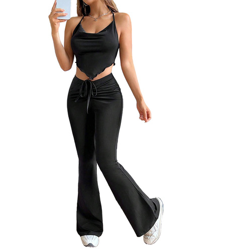 European and American cross-border temu design high-waisted bell-bottom pants 2024 new style waist-length black floor-length long pants for women