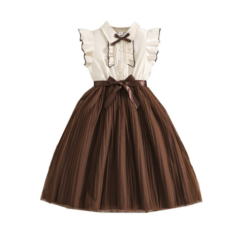Children's wear new style short-sleeved waist stitching mesh dress with woven belt 2026 spring and summer girls 'princess dress