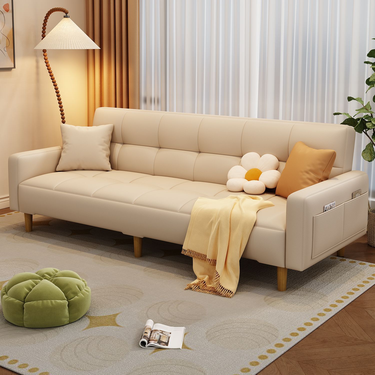 Cat Scratch-Resistant Leather Sofa for Small Living Rooms, Multifunctional Lazy Foldable Sofa Bed for Living Rooms, Rental Apartments, and Simple Style