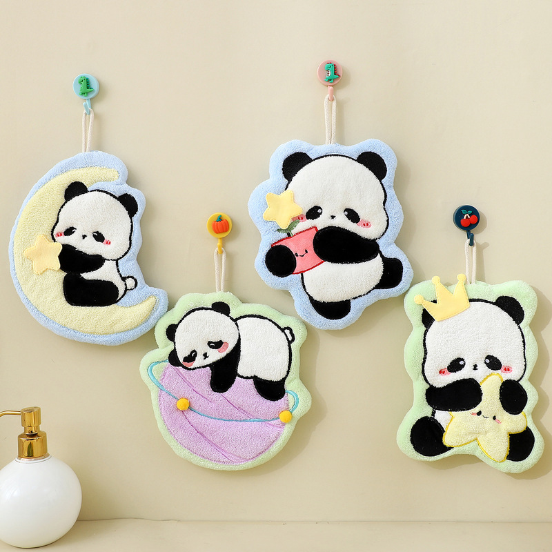 Wholesale Cartoon Panda Series Absorbent Thickened Small Towels Coral Fleece Household Kitchen and Bathroom Hanging Hand Towels Cute and Fun