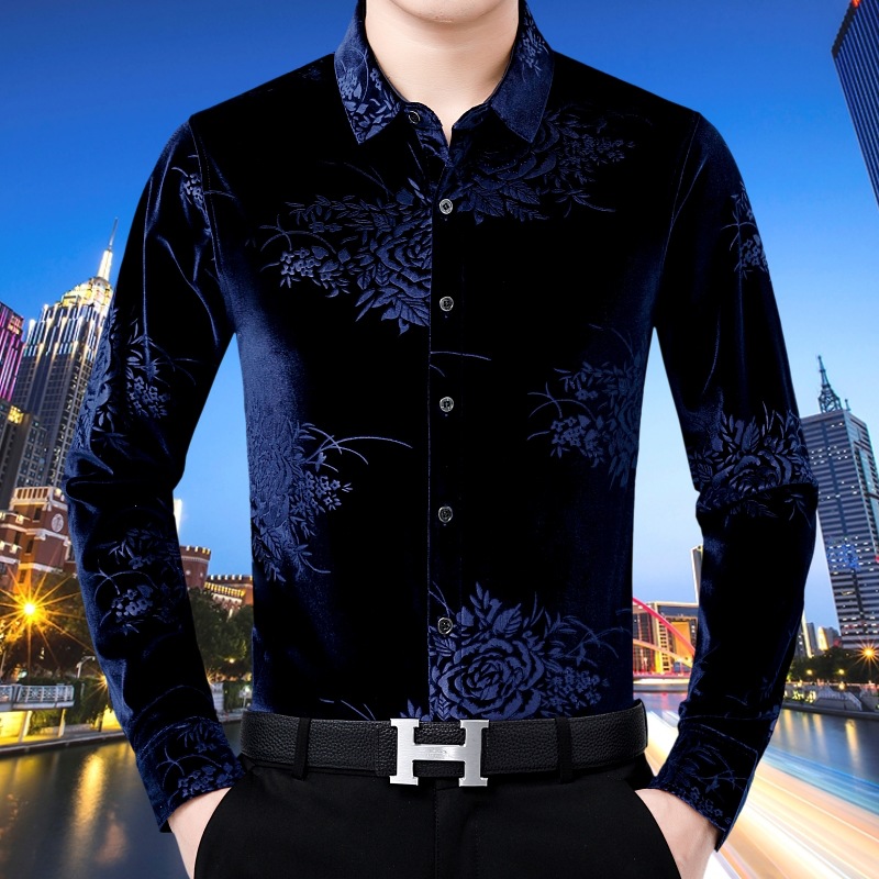 冬装加厚金丝绒外套加绒衬衣中年男士商务男装衬衫欧美男保暖衬衫