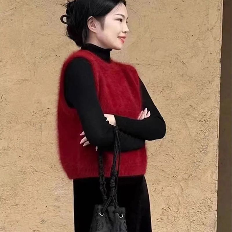 Red Imitation Mink Velvet Waistcoat Knitted Sweater Vest for Women Early Autumn New Year Layered Sleeveless Outer Vest Top Trendy Red Imitation Mink Velvet Waistcoat Knitted Sweater Vest for Women Early Autumn New Year Layered Sleeveless Outer Vest Top Trendy
