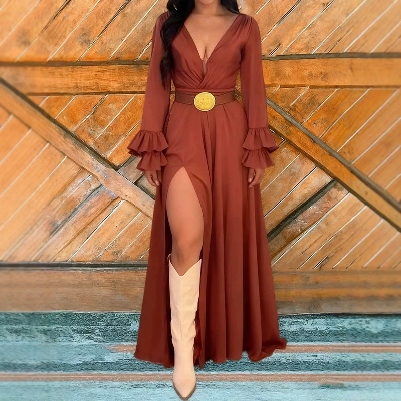 26 New European and American Style Rust Red Deep V-Neck Ruffle Sleeve Slit Long Dress for Women, Waist-Cinching, Slimming, Elegant, and Flowy 26 New European and American Style Rust Red Deep V-Neck Ruffle Sleeve Slit Long Dress for Women, Waist-Cinching, Slimming, Elegant, and Flowy