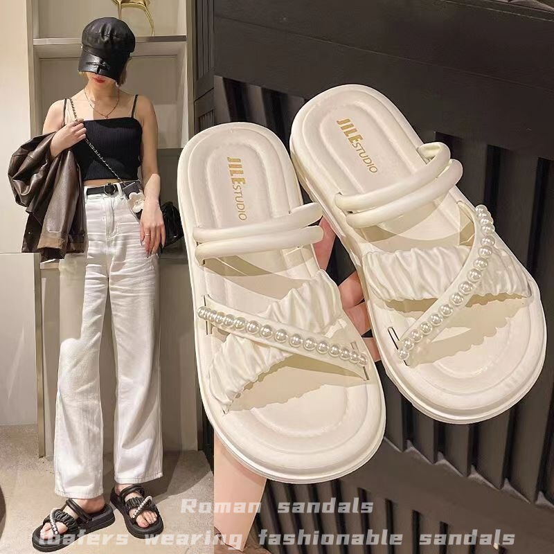 Stepping on excrement feeling sandals women's summer 2024 new style muffin fairy style thick bottom two wear pearl sandals soft bottom half slippers Stepping on excrement feeling sandals women's summer 2024 new style muffin fairy style thick bottom two wear pearl sandals soft bottom half slippers