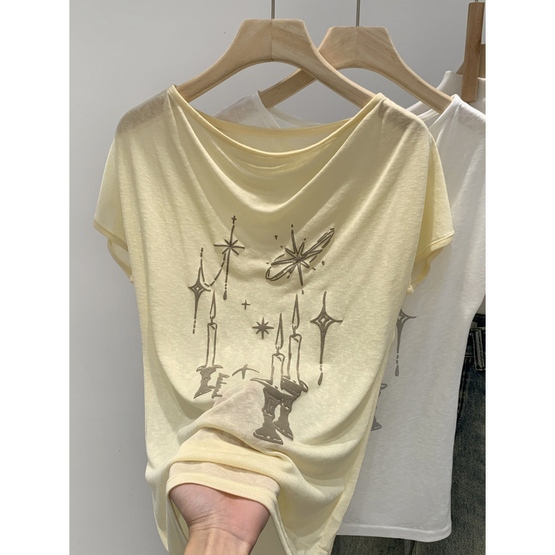 Original Real Shot of Lyocell Tencel Yellow Draped Collar Pure Desire Short-Sleeve T-Shirt, Summer 2026 New Style, Slim Fit, Very Attractive