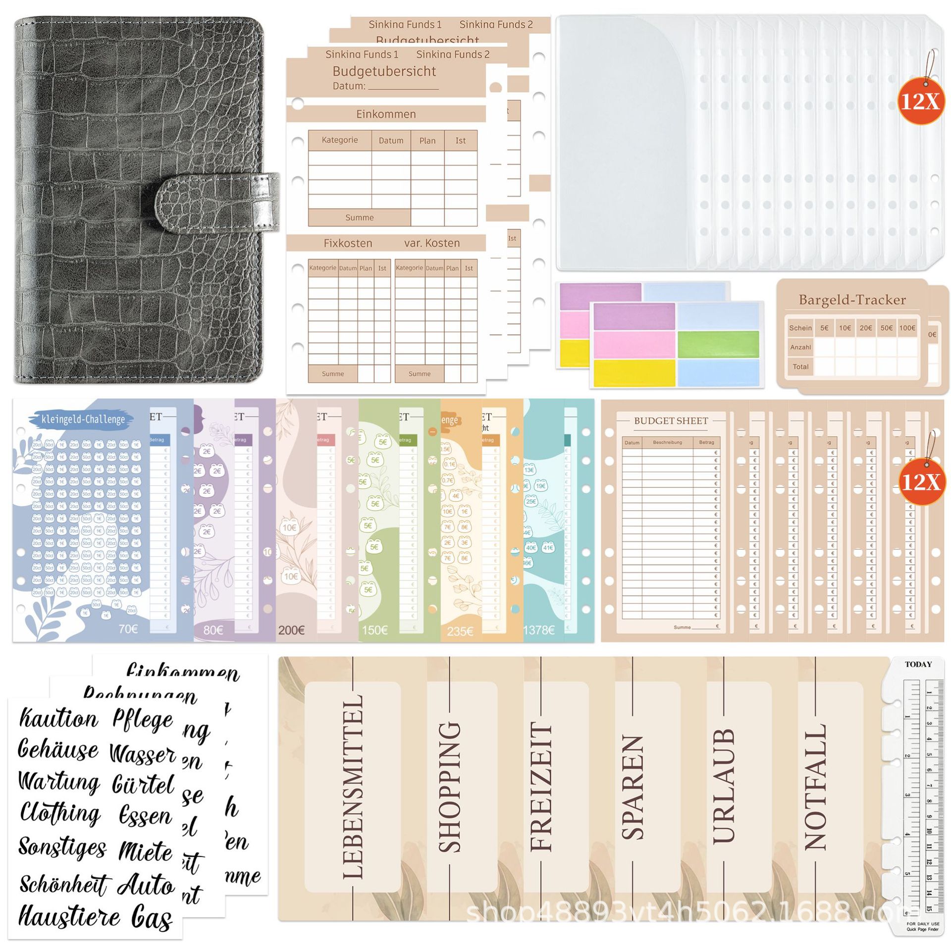 Patrón de cocodrilo-gris: bolsillo abierto 12 tarjetas de ahorro 1 juego de reglas 1 6 etiquetas 2 etiquetas alemanas 3