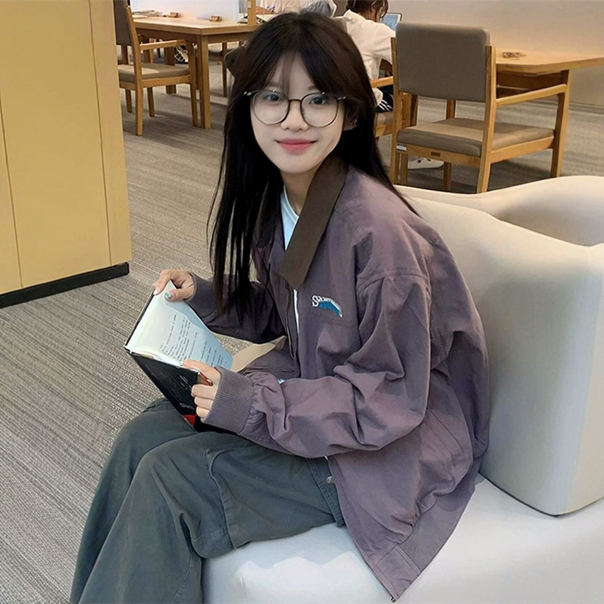 미국 보라색 야구 세트 코트 여자 봄과 가을 2024 작은 자수 옷깃 빈티지 작업 재킷 탑