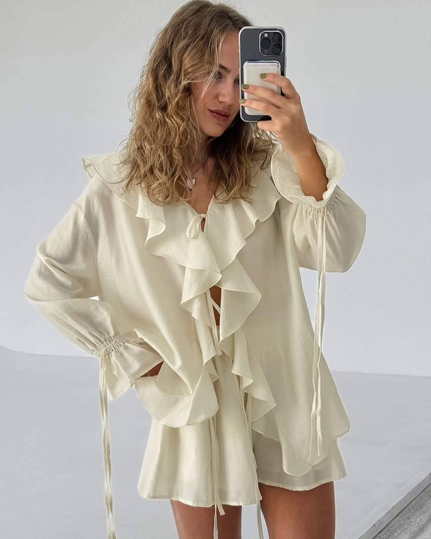 446g Weight Long Sleeve Sleeve Length Flat Yarn, Polyester Fabric Type Shorts Co-ord Set Sets Type 2 Pieces Set Quantity Holiday Occasion V Neck Neckline Comfort Function Regular Fit Fit Type Solid Color Pattern Summer Season Women's Gender Vacation, Simple Style Style Holiday Women's Vacation Simple Style Solid Color Flat Yarn Polyester Shorts Co-ord Set Shorts Sets 5