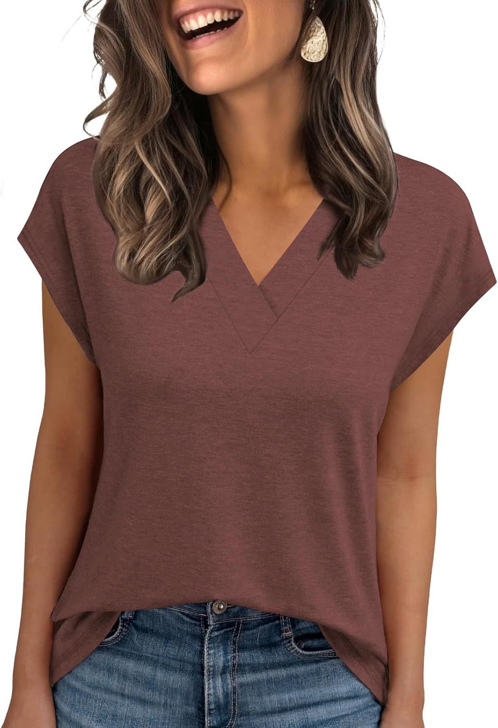 2026 Women Summer Casual V Neck Cap Sleeve Basic Tops_ecoleips.com