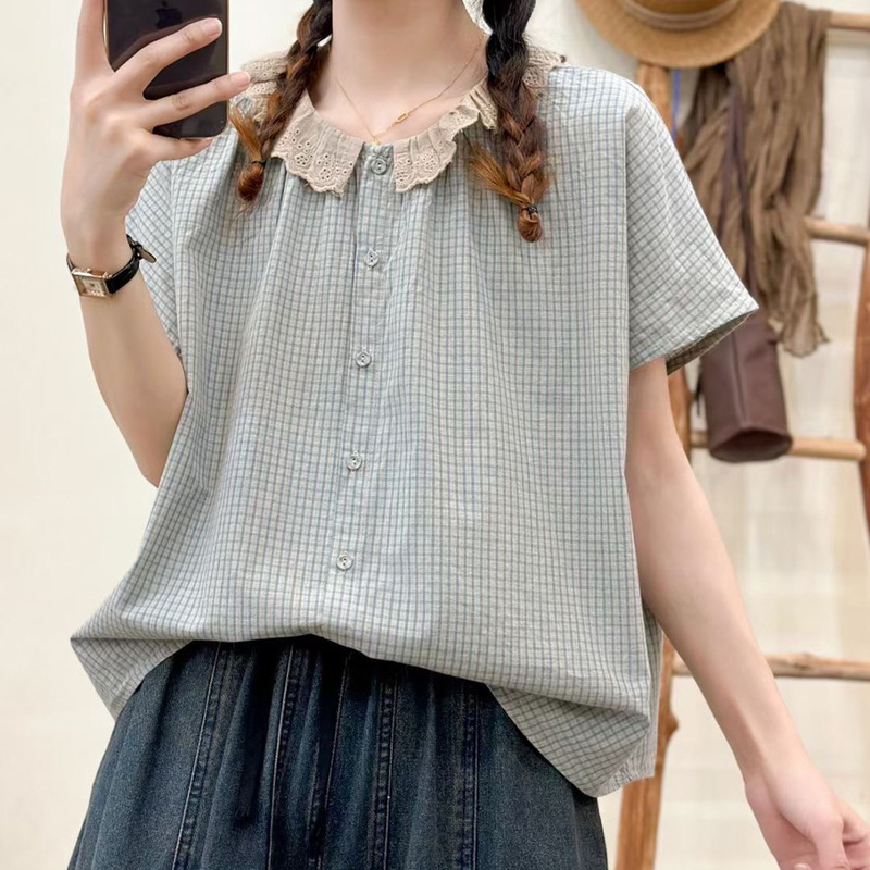 Summer New Arrivals: Artistic Small Plaid Loose Lace Versatile Slimming Shirt Top for Women, Casual Base Layer