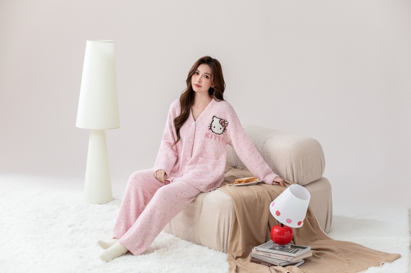 新款半边绒V领开衫睡衣女加绒加厚甜美可爱保暖长袖家居服可外穿|undefined