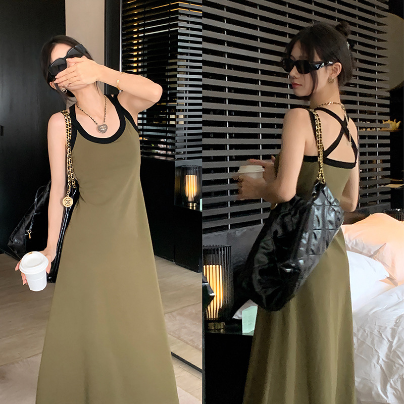 Baisiwang Draped Paper Man with Breast Pad Suspender Dress Women's Summer Mid-Length Design U-Neck Vest Skirt