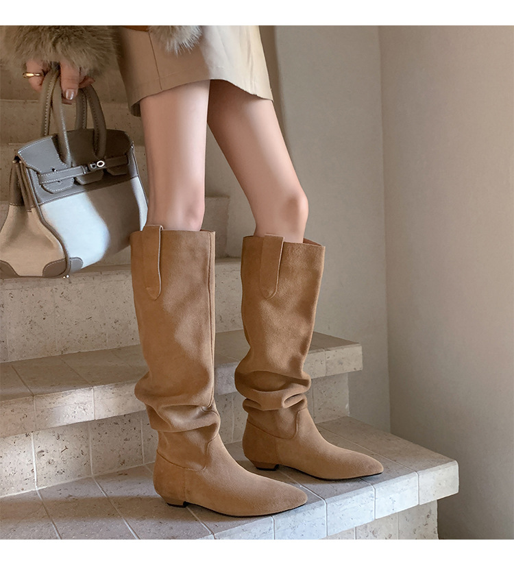 Boot nữ cổ thấp mũi nhọn gót thấp ống xếp ly chất da lộn — màu đen, màu xám, màu mơ chi tiết 27