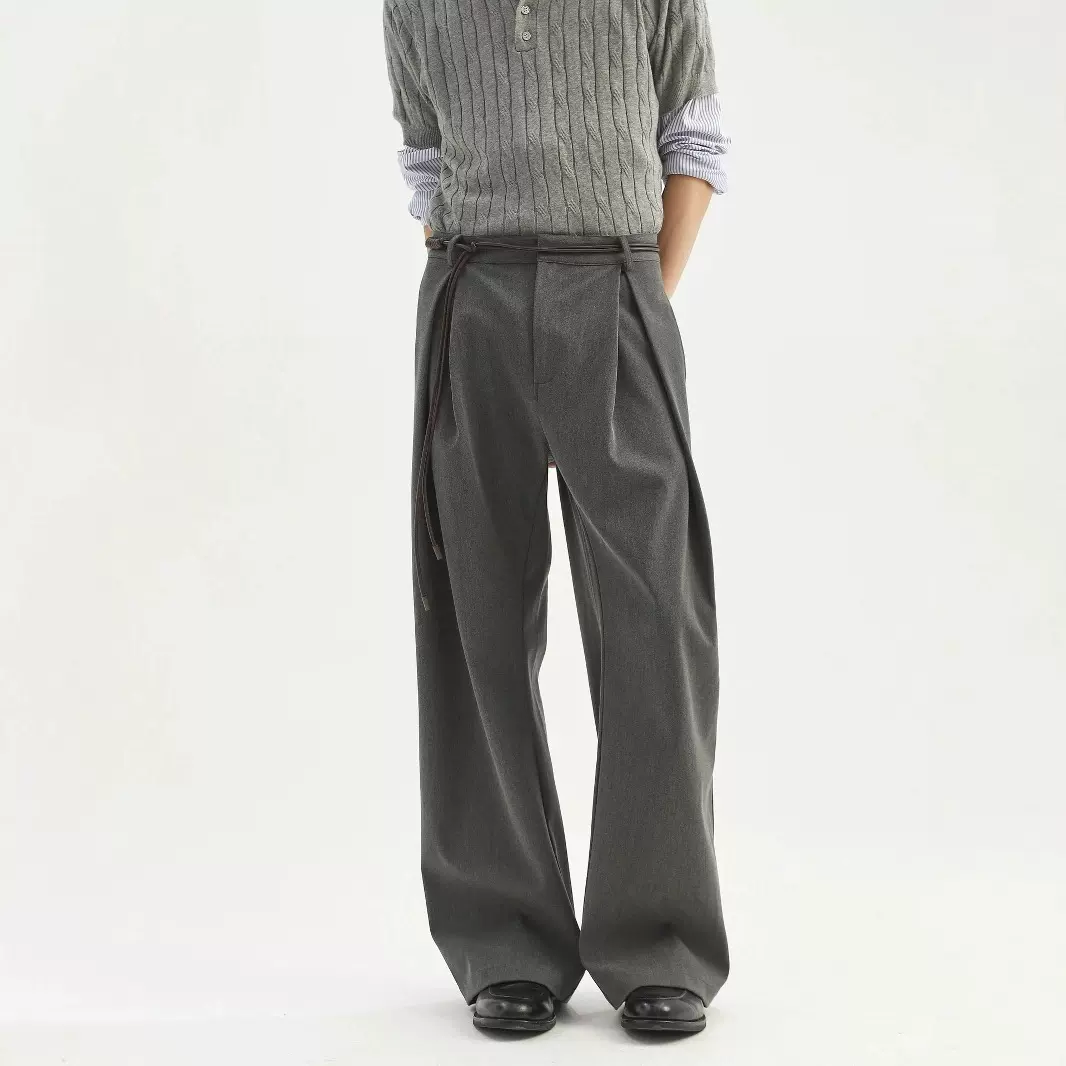 跨境立体工字褶A字廓形西裤男cleanfit通勤休闲裤宽松潮流长裤子