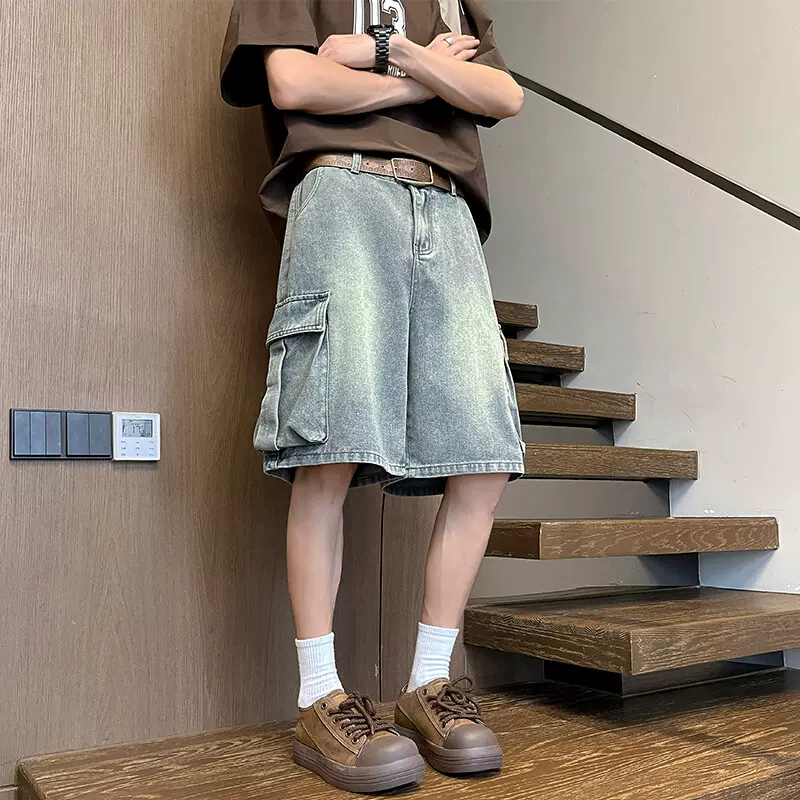 大口袋工装牛仔短裤男夏季美式复古阔腿休闲中裤潮流百搭五分裤子