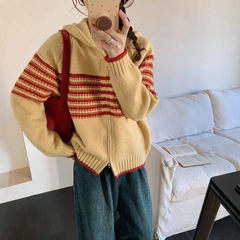 慵懒风宽松拉链撞色条纹连帽毛衣外套女秋冬新款加厚针织开衫上衣