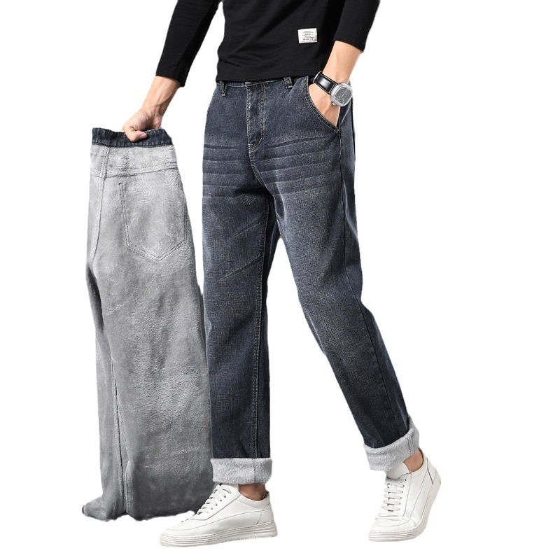 Jean d'hiver à jambe droite élastique pour hommes, coupe slim, avec denim pelucheux et épais, pantalons d'affaires extra gras et surdimensionnés pour hommes_voghion.com