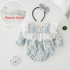 2024冬季新款嬰兒衣服三角爬女童加絨秋冬花邊長袖包屁連體衣冬裝